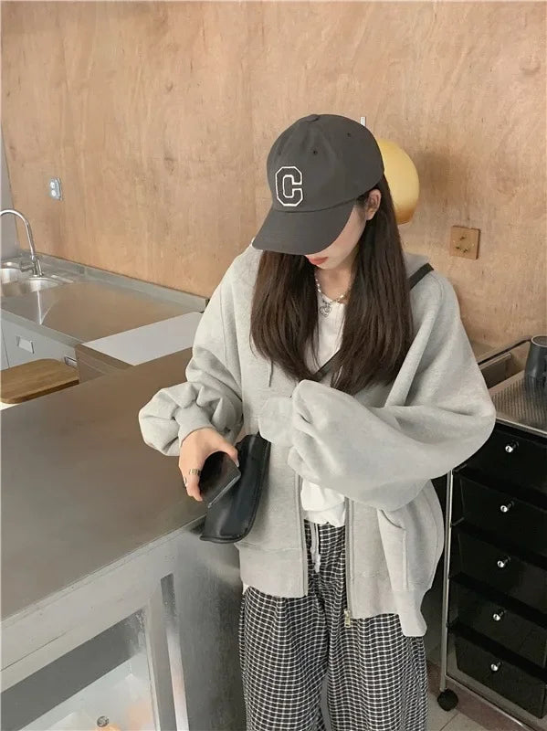 Grey Idle Hooded Sweatshirt Jacket For Women Loose Fit Fleece Lined Long Sleeve Casual Top Trendy Autumn New Design Sensibility