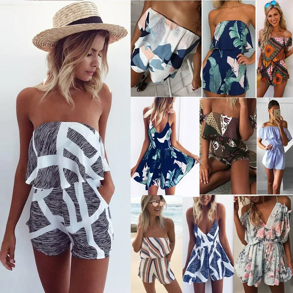 Bohemian Style Playsuit Floral Print Sexy Rompers Short Overalls Top Macacao Feminino Women Clothes Casual Summer Beach Jumpsuit