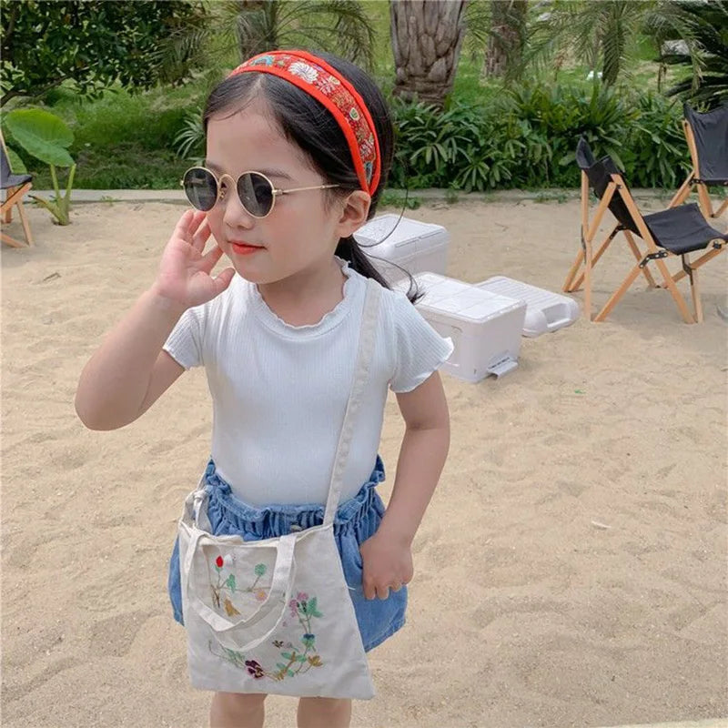 3-7 Years Children Summer Ice Silk T-Shirt Girls Short Sleeve Round Collar Soft Tops