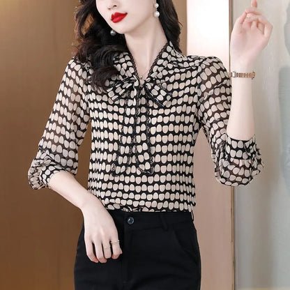 Korean Simplicity Summer New Women's V-Neck Bow Polka Dot Lacing Fashion Office Lady Long Sleeve Loose Chiffon Shirt Tops