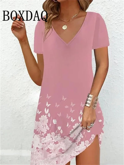 2023 Fashion Plus-Size Dress Casual Loose V-Neck Ladies Summer Print Party Women's New Summer Pullover Short Sleeve Dress