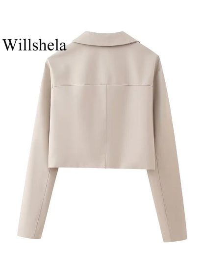 Willshela Women Fashion Two Piece Set Khaki Blazer With Pockets & Vintage Front Zipper Trousers Feamle Chic Lady Pants Sets