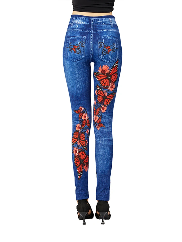 CUHAKCI Soft Women Red Butterfly Print Jeggings High Elastic Vintage Fake Jeans Fitness Slim Fit Sports Yoga Leggings