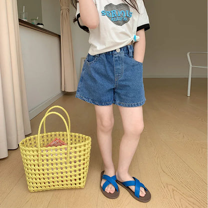 Summer 2025 Kids solid color denim shorts fashion Girls all-match casual shorts