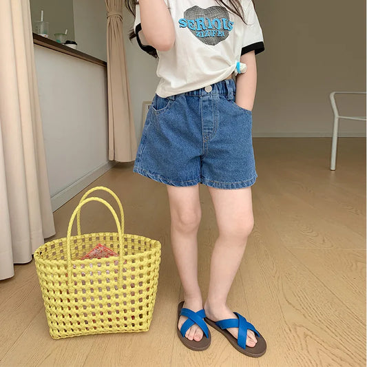 Summer 2025 Kids solid color denim shorts fashion Girls all-match casual shorts