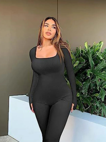 Woman Yoga Pilates Jumpsuit Fashion Slim Rompers Fitness Sportswear Sets Ladies Solid Color Ribbed Jumpsuits Long Sleeve Pants