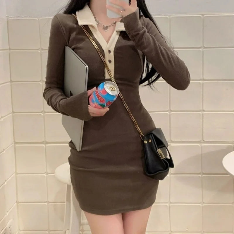 Autumn New Spicy Girl Sexy Knit Dress Women Polo Neck Button Color Block Screw Thread Slim Fashion Patchwork Long Sleeve Dresses