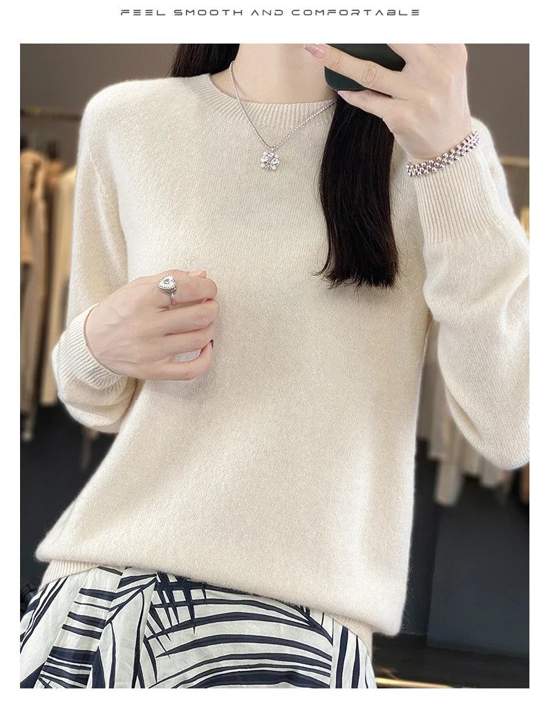 Women 100% Pure Merino Wool Knitted Sweater Autumn Winter Fashion O-Neck Pullover Seamless Jumper Tops Cashmere Warm Clothes