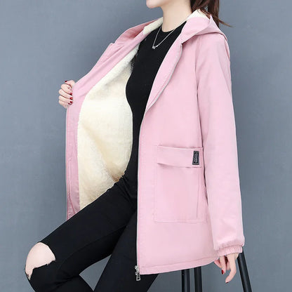 2023 Autumn Winter New Thick Warm Lamb Wool Cotton-padded Coat Women's Mid-length All-fit Loose Hooded Female Blouse