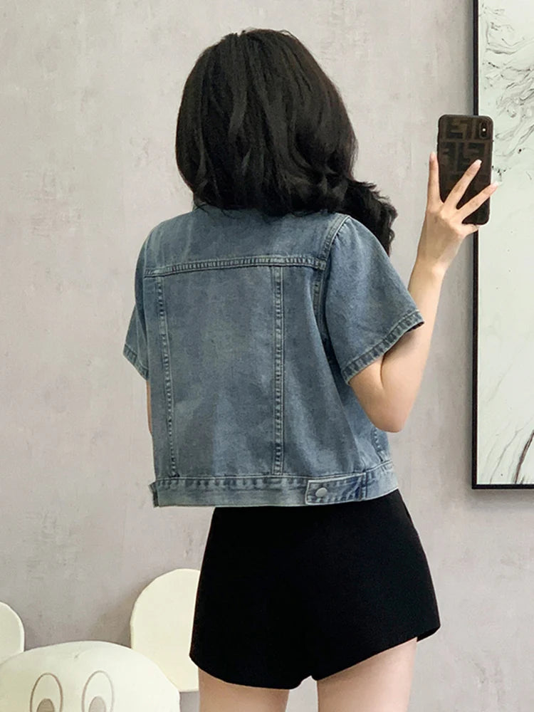 New 2024 Spring Summer Denim Coat Women Short Sleeve Blue Jeans Jackets Turn Down Collar Streetwear Cropped Jackets Womens