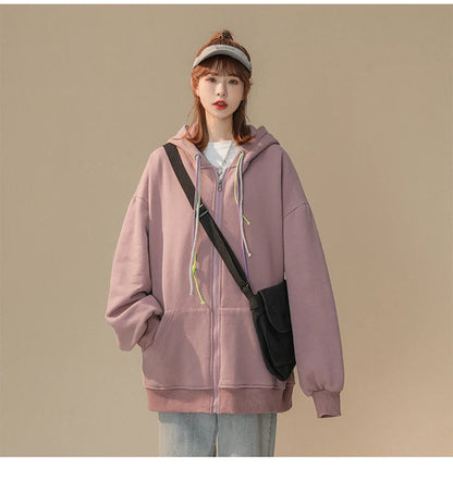 Y2k Pink Cardigan Hoodie Women Korean Casual Zip Up Hoodies Overcoat Woman Harajuku Loose Zipper Sweatshirts Streetwear Jacket