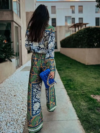 KONDALA Vintage Green Floral Women Suits Long Sleeve Single Button Loose Shirts Women and High Wasit Wide Leg Pants Boho Sets