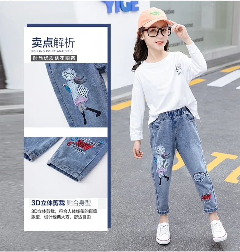 2024 Girls Students Jeans spring autumn Korean Wild Loose cartoon print Elastic Waist Straight Thin Wide-leg jeans 3-12Y