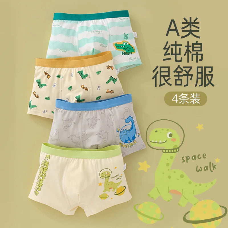 4PCS Boy Cotton Soft Antibacterial Panties Kid Cartoon Dinosaur Print Knickers Thin Breathable Briefs 3+y Young Child Underwears