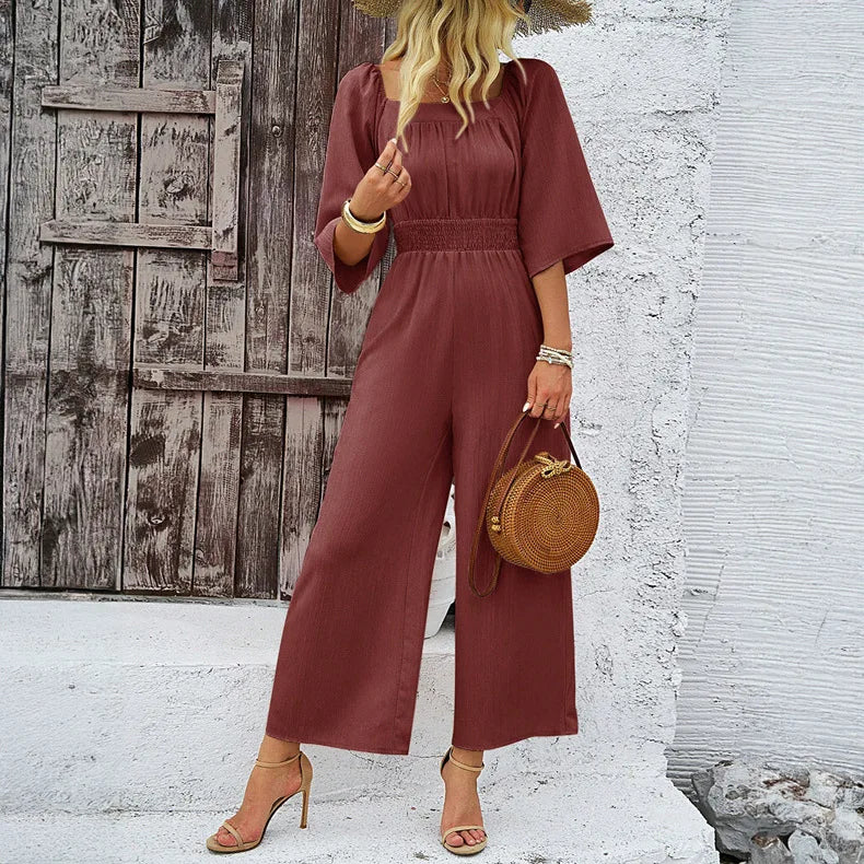 VIP FASHION Apricot Women Jumpsuits Spring Summer Office Lady Wear Burgundy Dark Brown Folds Casual Suit Wide Leg Pants Clothing