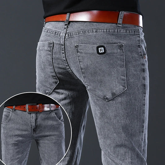 2024 New Fashion Jeans Men Korean Style Straight Grey Middle  Waist Pants Male Casual Denim Trousers