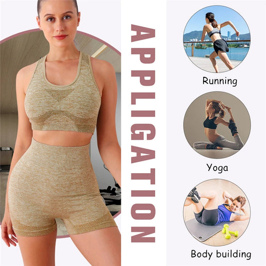 2PCS Seamless Women Yoga Set Workout Sportswear Gym Clothing Fitness Long Sleeve Crop Top High Waist Leggings Sports Suits