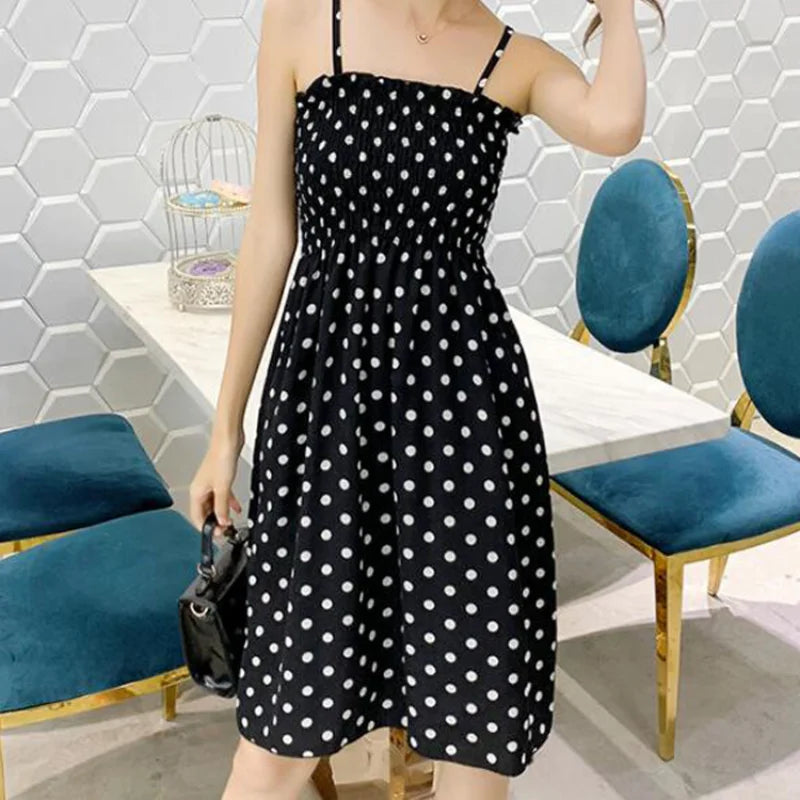 Summer Mini Dresses Fashion Female Elastic High Waist Casual Spaghetti Strap Sleeveless Dress Women Chiffon Dresses Vestidos