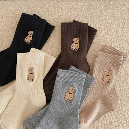 Autumn Winter Cotton Kids Socks Korean Retro Style Bear Embroidery Girls Boy Toddler Knitted Socks Warmth Tube Socks For 1-9 Yrs