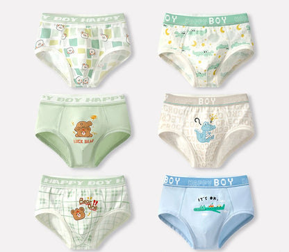 6PCS Kids Cotton Soft Antibacterial Briefs for Boy Thin Breathable Panties Cute Cartoon Print Knickers 3+y Young Child Underwear