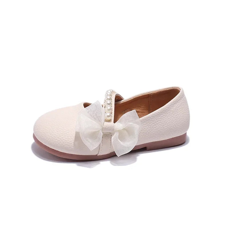 New Girl Princess Leather Shoes Chic Versatile Soft Elegant Fashion Lace Bowknot Beading Kid Loafers Wedding Slip-on Mary Janes