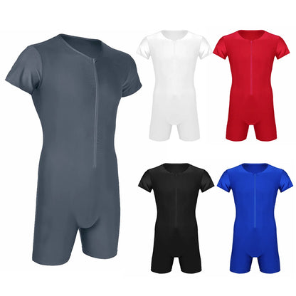 Mens One-piece Leotard Jumpsuit Pajamas Undershirts Male Short Sleeve Front Zipper Elastic Soft Boxer Briefs Bodysuit Swimwear