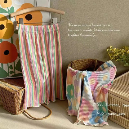 Fashion Kids Clothes Girls Pants Cute Flower Wide-leg Pants Baby Girls Spring Summer Casual Pants Rainbow Striped Loose Pants