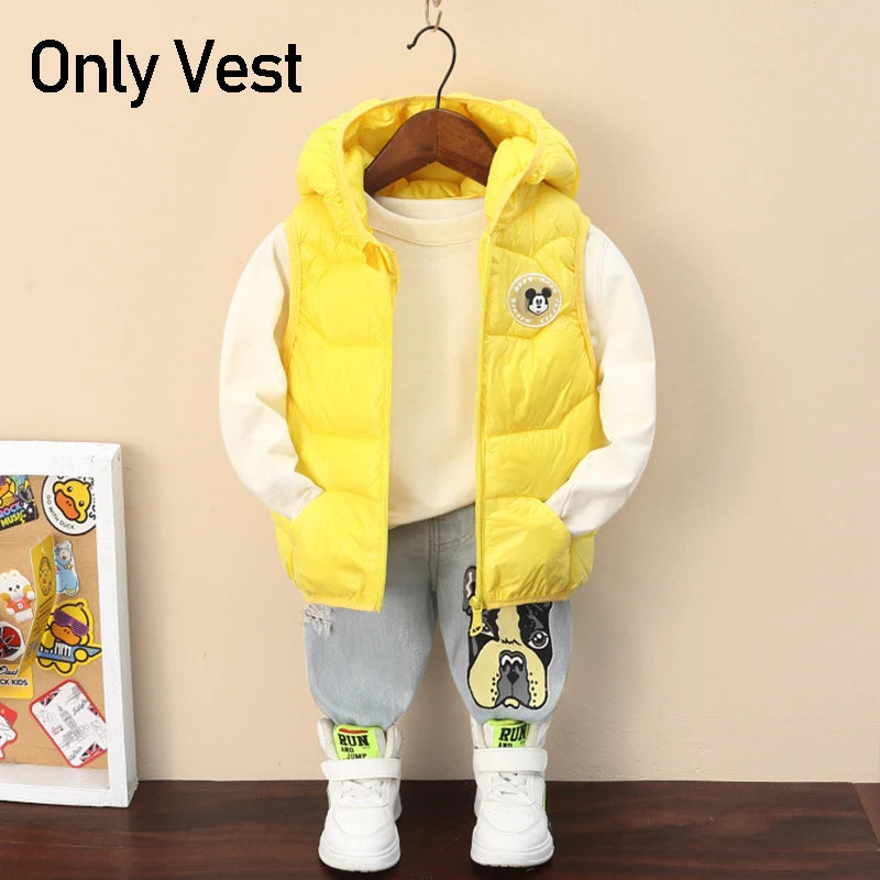 New Autumn Cartoon Mickey Mouse Boys Down Vest Winter Baby Bright Hooded Waistcoat Cotton Outerwear Kids Jacket Children Clothes