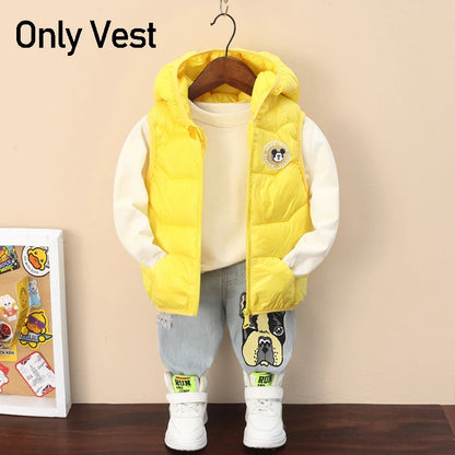 New Autumn Cartoon Mickey Mouse Boys Down Vest Winter Baby Bright Hooded Waistcoat Cotton Outerwear Kids Jacket Children Clothes