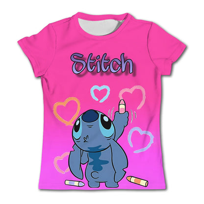 3-4Y Girls Disney Stitch T Shirts Summer Cute Cartoon Short Sleeve Children's Casual Clothing Quick Dry Tees T-shirt Kids' Top