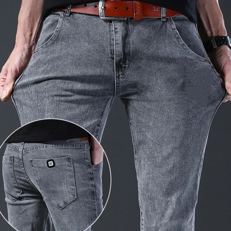 Grey Denim Jeans Male Elastic Pants Fashion Men's Long Thin High Street Small Feet Trousers