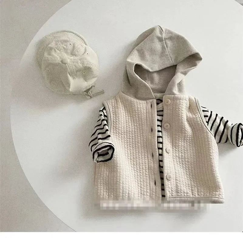 2024 Autumn New Children Casual Hooded Vest Solid Baby Sleeveless Coat Cotton Boys Girls Vest Cardigan Baby Jacket Kids Clothes