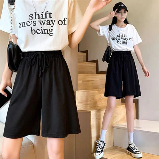 Summer Sports Shorts Womnes Leg Pants High Waist Solid Wide Loose Bottoms Shorts Hot Pants Half Pants Solid Loose Fashion New