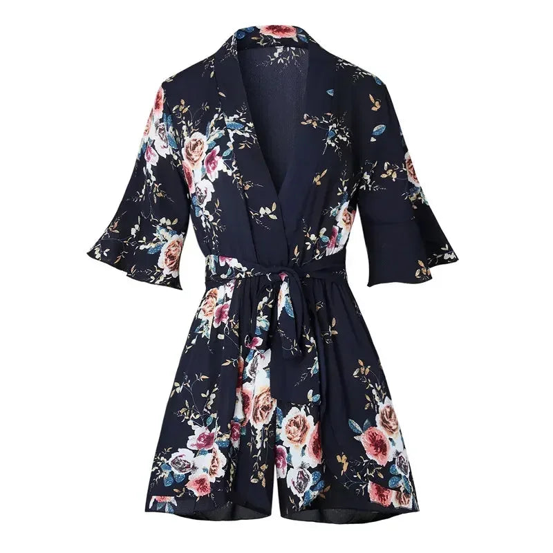 Bohemian Style Playsuit Floral Print Sexy Rompers Short Overalls Top Macacao Feminino Women Clothes Casual Summer Beach Jumpsuit