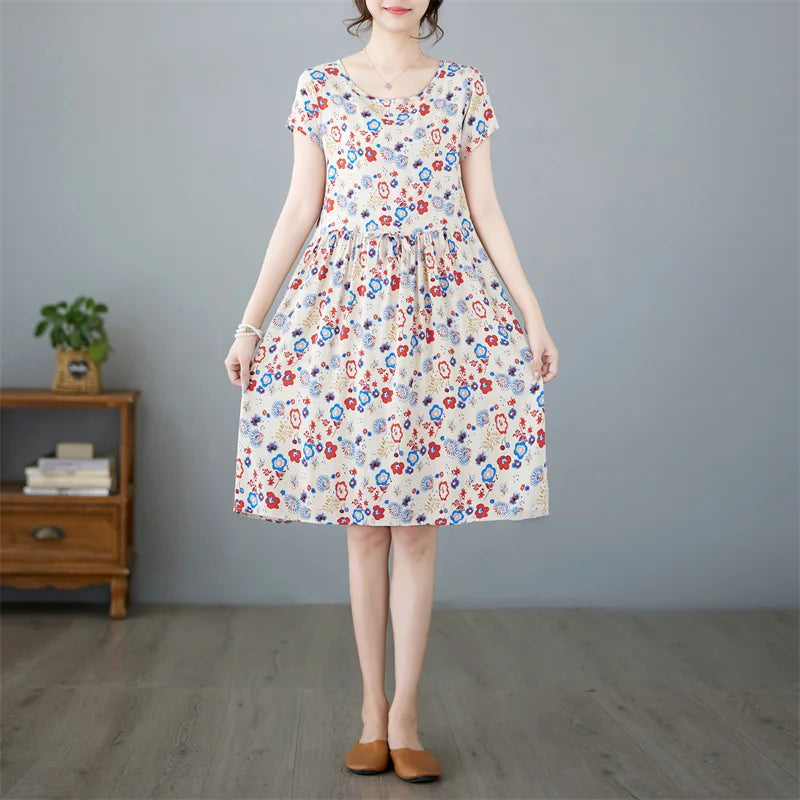 THHONE Summer Dress for Women Floral Casual Print Loose Vintage Draw String Robe Elegant Mini New in Dresses Vestido Feminino