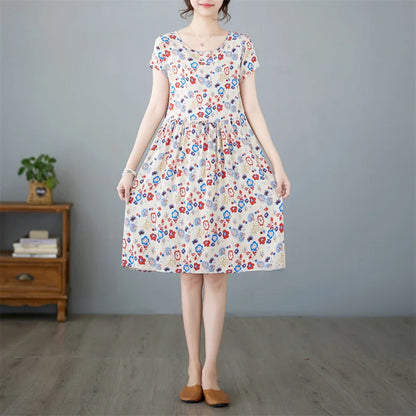 THHONE Summer Dress for Women Floral Casual Print Loose Vintage Draw String Robe Elegant Mini New in Dresses Vestido Feminino