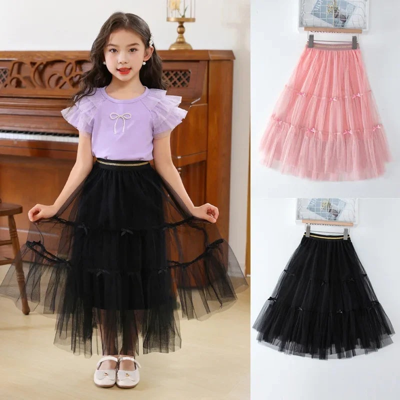 Girls Skirt Summer Mesh Fashion All-match Princess Skirt for Kids Casual Elastic Waist Teen School Children Long Skirt 4-12 Year