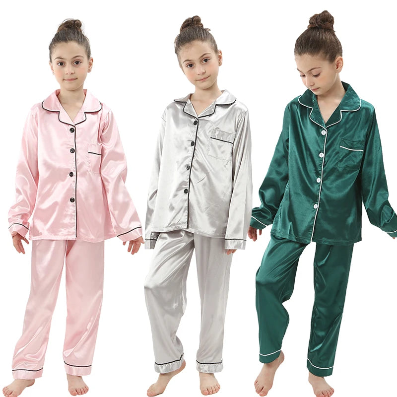 2pcs Boys Girls Pajamas Silk Pants Long Sleeve Solid Button-Down Pyjamas Satin Sets Nightgown Children Sleepwear Kids Loungewear