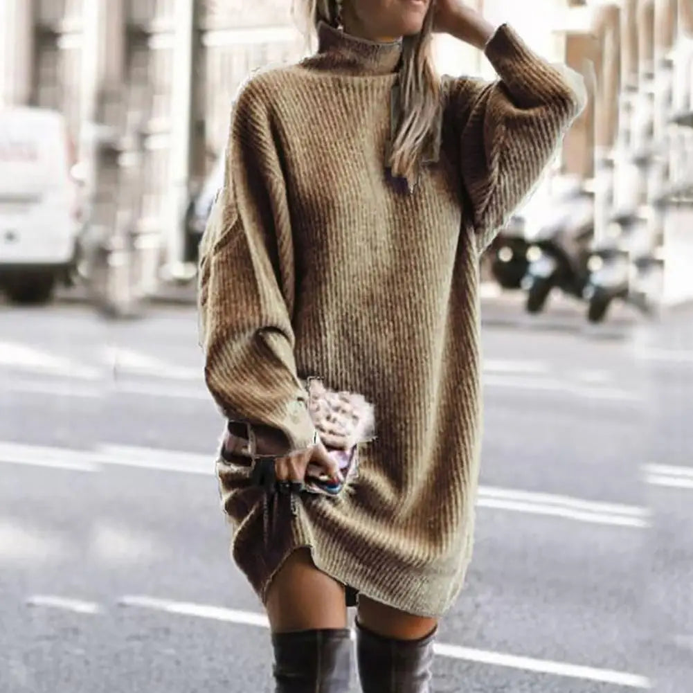 Fashion Midi Dress Coldproof Knee Length Women Winter Knitted Solid Color Pullover Knitting Dress