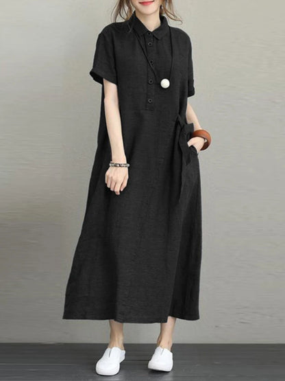 Summer Dress Women Cotton Linen Vintage Casual Loose Oversie Lapel Short-sleeved Dress New In Mid-length Long Dress for Women