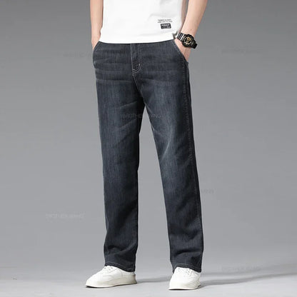 Summer Thin Men's Stretch Baggy Jeans Blue Gray Elastic Waist Business Casual Straight Denim Trousers Classic Style Male