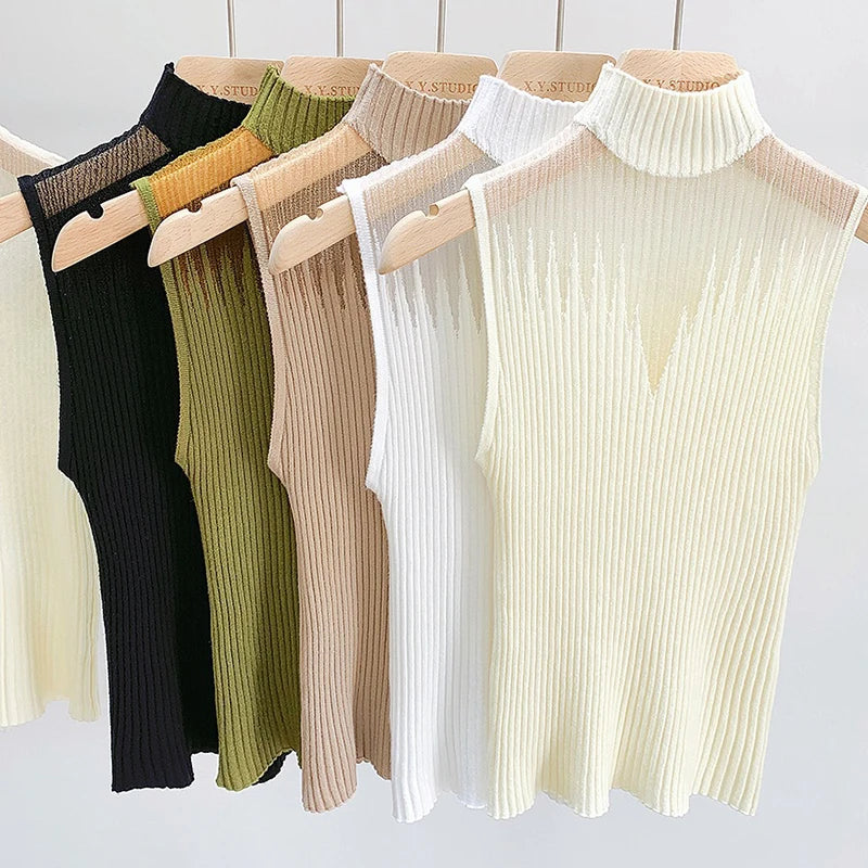 Mesh Knitted Top Women Y2K Tank Top Half Neck Vest Female Sleeveless Sweater Chic Cut Out Streetwear Solid Skinny White Tube Top