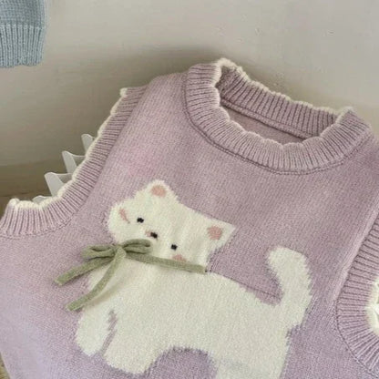 2024 Autumn and Winter Children's Sweater Vest Cute Bow Cat Pattern Girl's Top Knitted Top Baby Kids Clothing