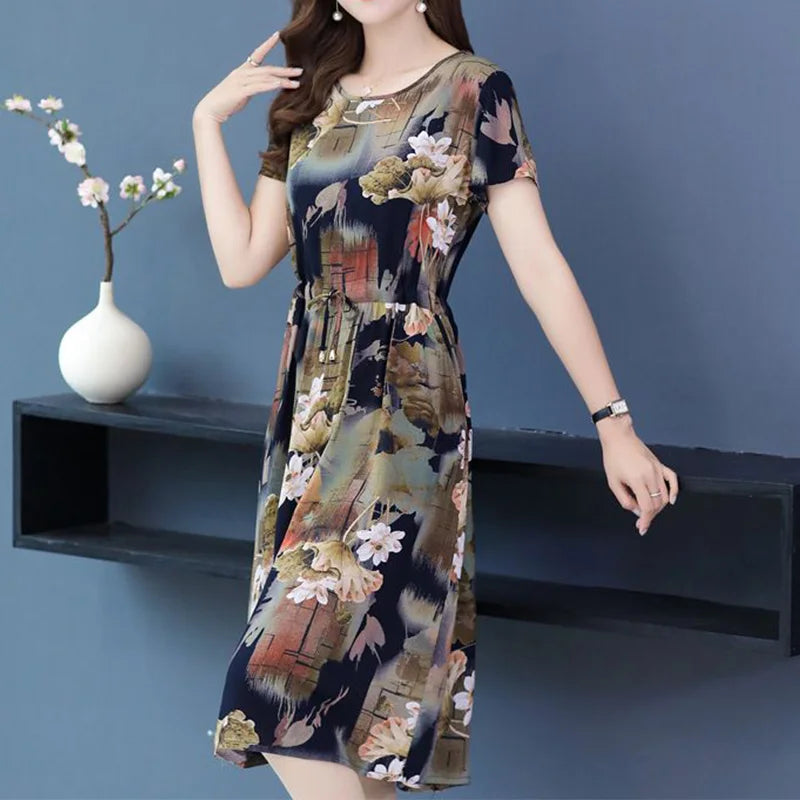 Summer New Cotton Silk Round Neck Lacing Decoration Short Sleeve Multi-element Print Loose Pockets Knee Length Dress for Women