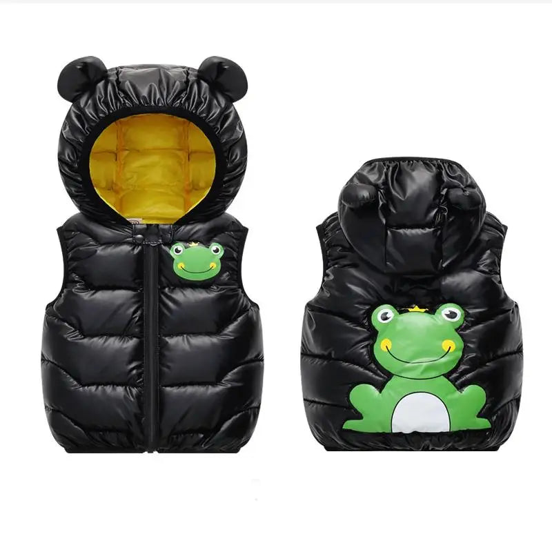 Children's Autumn Winter Down Cotton Vest Boys Free Wash Bright Face Hooded Vest Girls' Fashion Korean Cartoon Warm Tank Top1-6Y