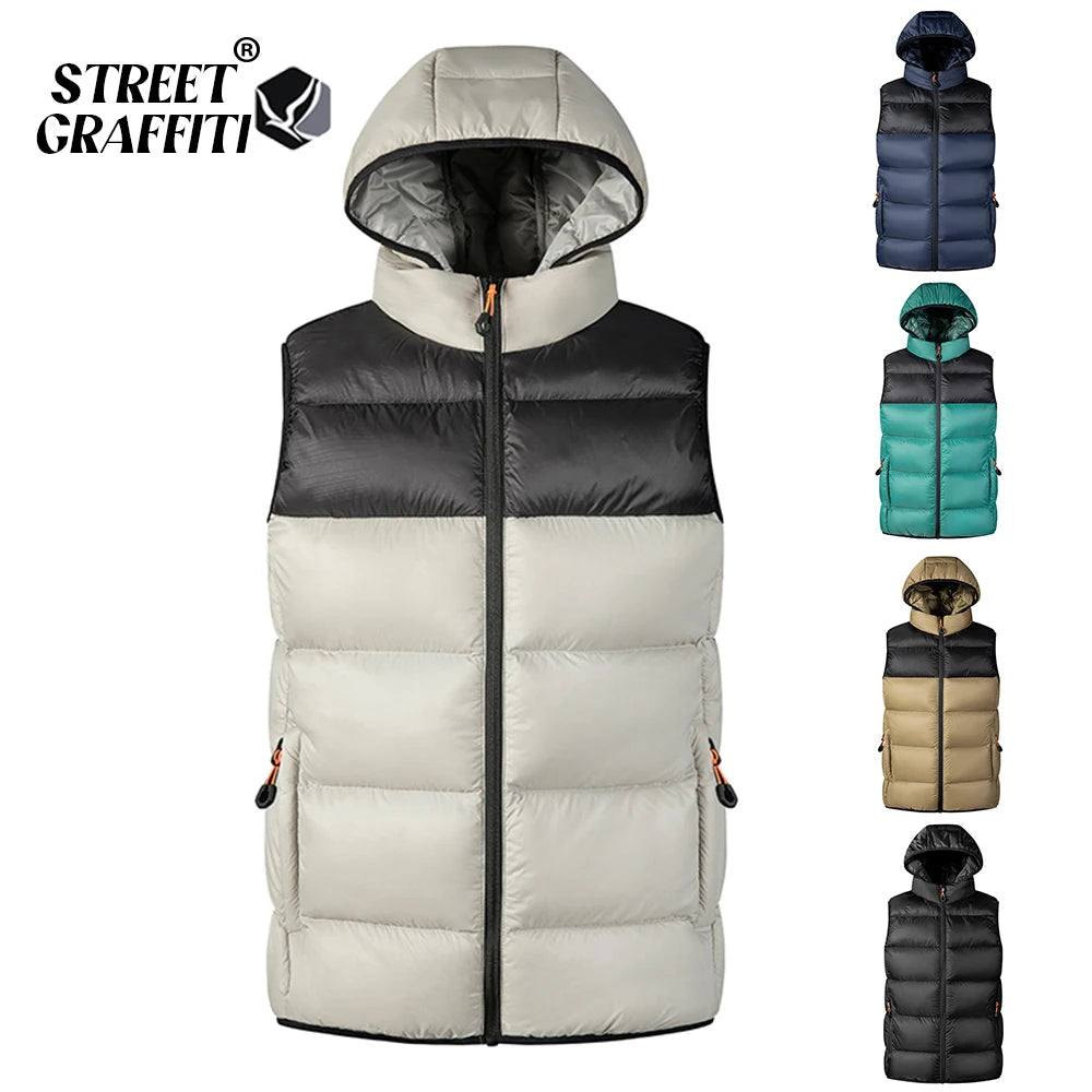 2024 Men Patcwork Sleeveless Down Hooded Vests Jackets Hot Fashion Male Outdoor Winter Casual Waistcoat Windproof Jacket