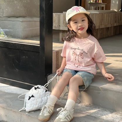 INS Korean Baby Tshirt 2024 Summer New Girl's Bow Ribbon T Shirt Children Fashion Short-sleeved Tops or White Skirt