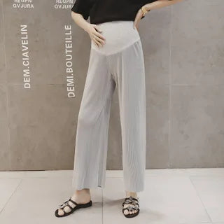 Maternity Ice Silk Wide-Leg Pants for Summer, Loose and Thin with Pleats  Nine-Point Pregnancy Trousers