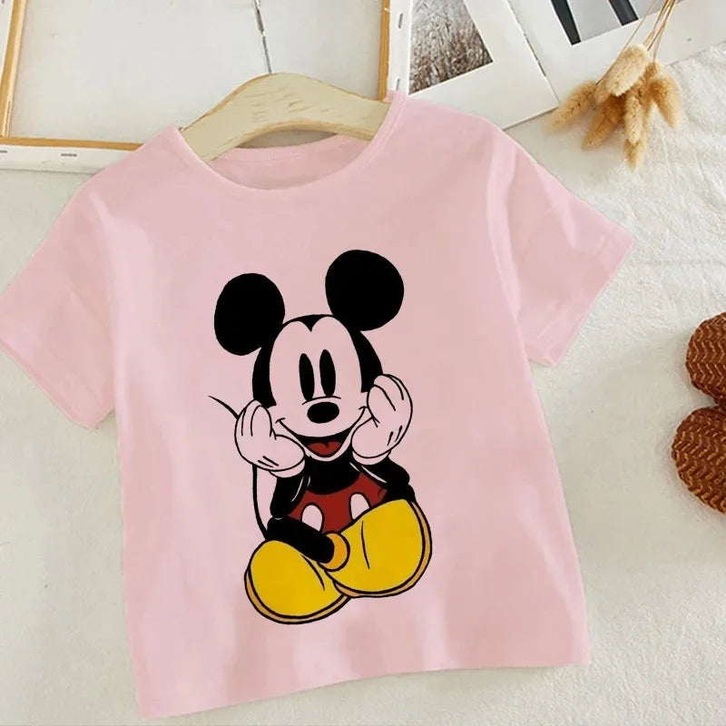 Disney Series Mickey Minnie Anime Clothes T-shirt Boy Girl Casual Summer White Pink Cotton Children's Clothing Baby Kawaii Tees