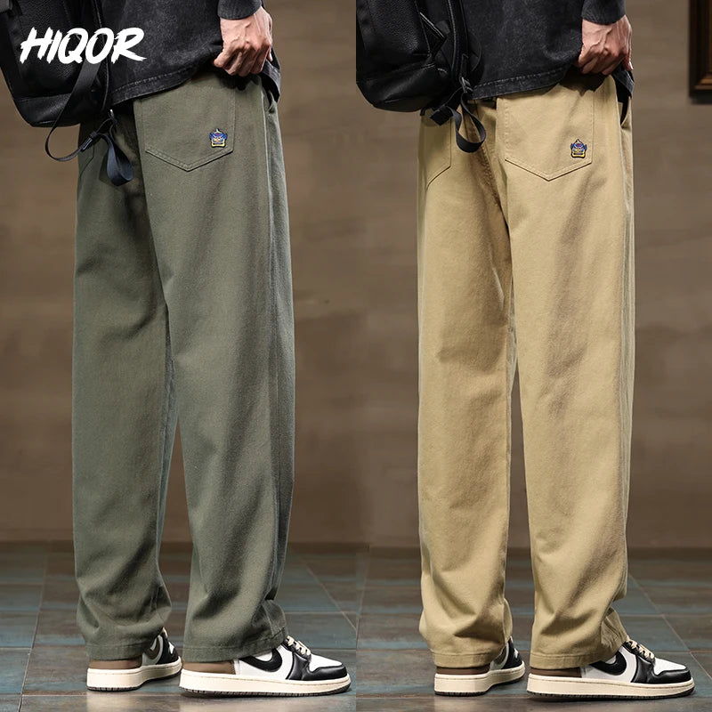 HIQOR Men Casual Pants Fashion Jogger Pant Loose Straight Wide Leg Trousers Cotton Vintage Cargo Pants Man Solid Streetwear Men